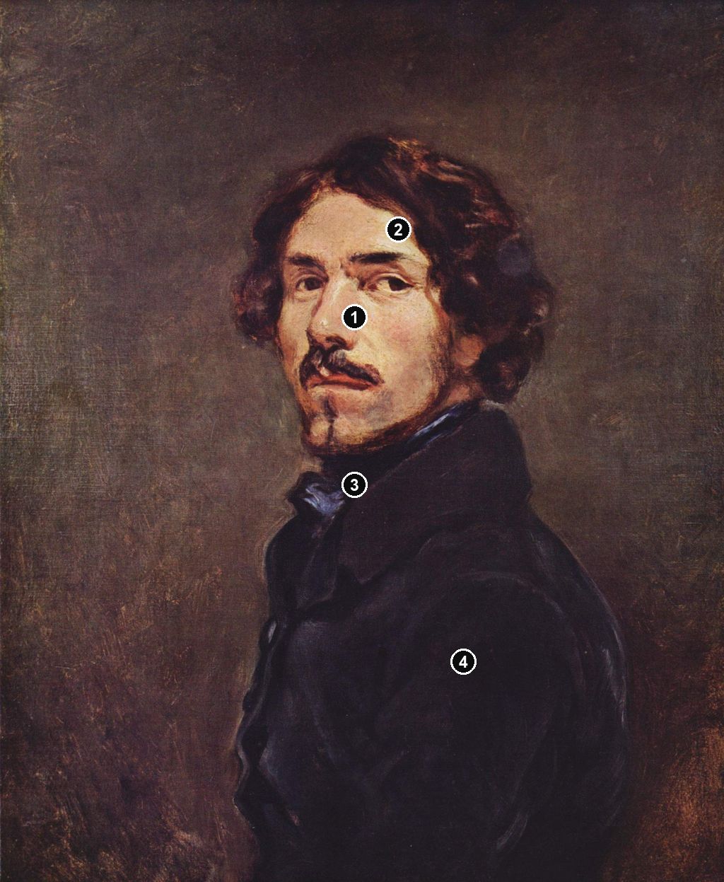 Annotated details from Self-Portrait, about 1840 by Eugène Delacroix